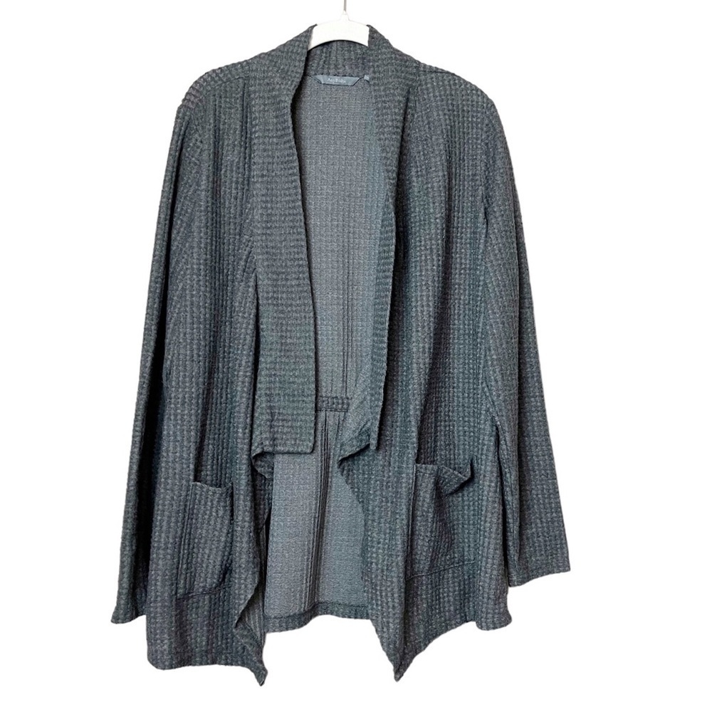 AnyBody waffle knit cardigan sweater charcoal gray open waterfall‎ front thermal